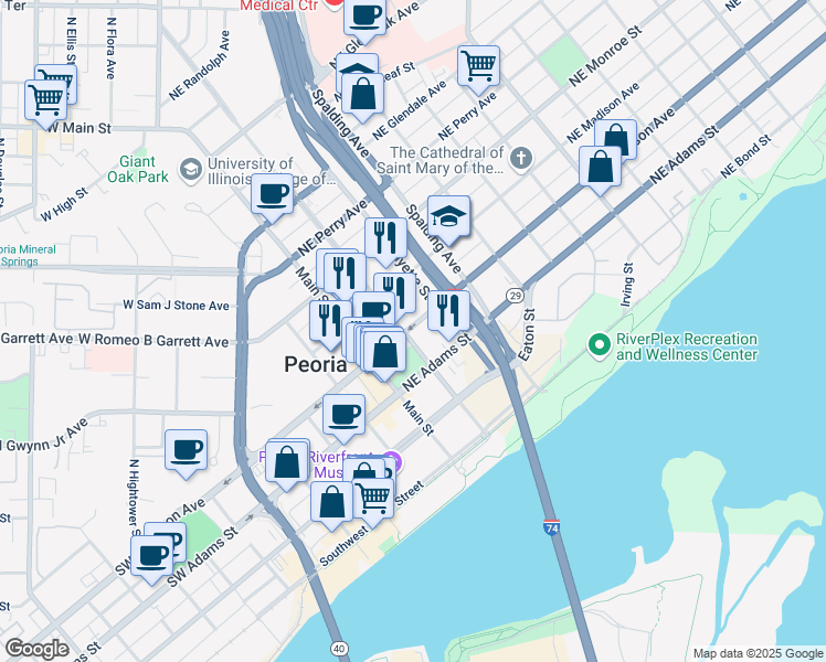 map of restaurants, bars, coffee shops, grocery stores, and more near in Peoria