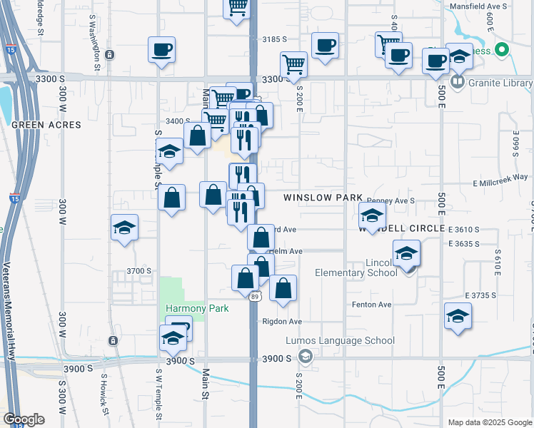 map of restaurants, bars, coffee shops, grocery stores, and more near 3535 South State Street in Salt Lake City