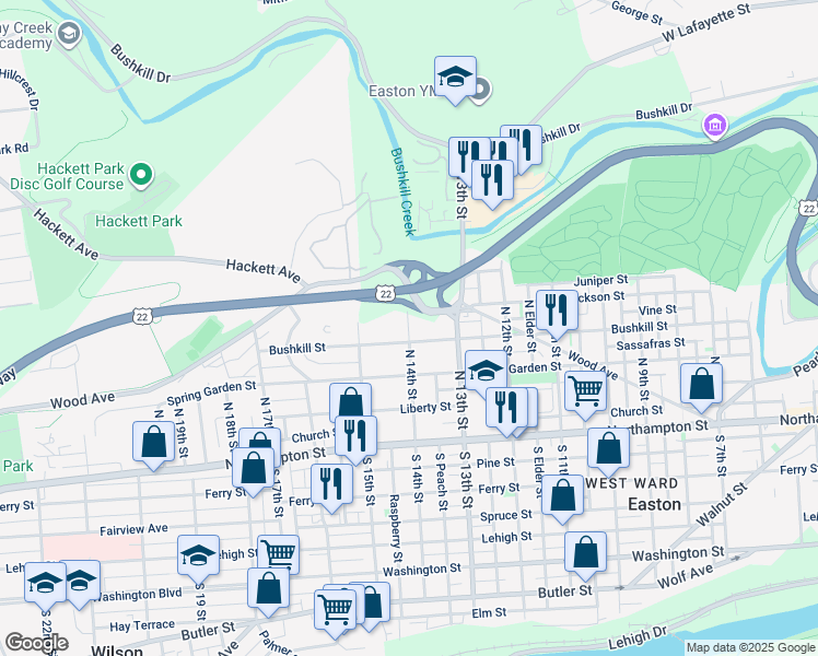 map of restaurants, bars, coffee shops, grocery stores, and more near 345 N 14th St in Easton