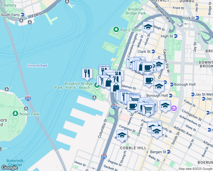 map of restaurants, bars, coffee shops, grocery stores, and more near 117 Bridge Park Drive in Brooklyn