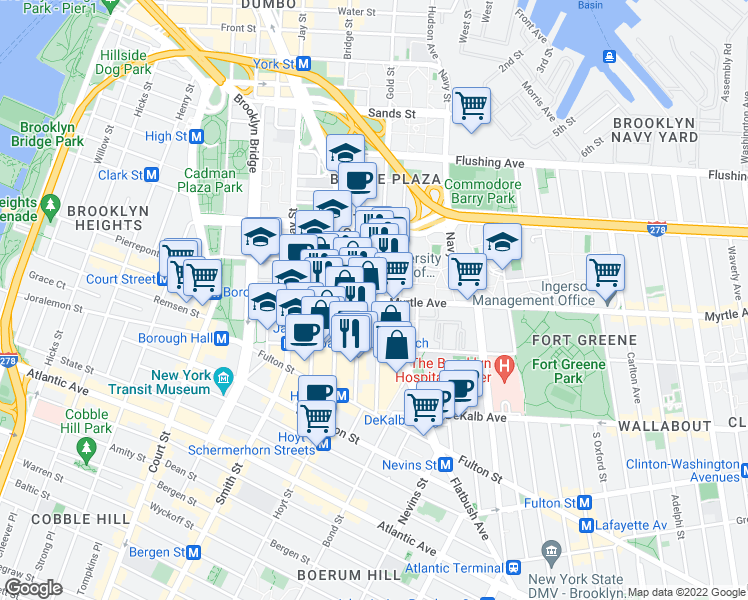 map of restaurants, bars, coffee shops, grocery stores, and more near Myrtle Avenue & Gold Street in Brooklyn