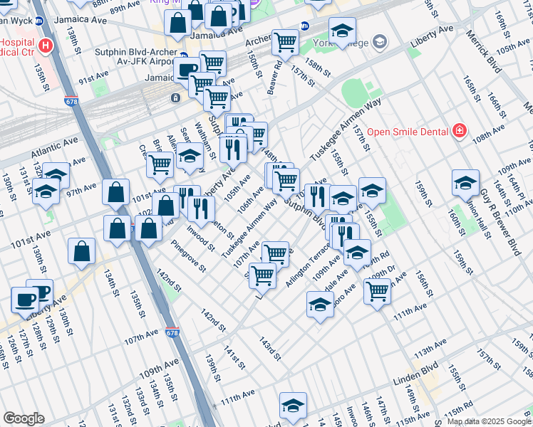 map of restaurants, bars, coffee shops, grocery stores, and more near 146-22 Tuskegee Airmen Way in Queens