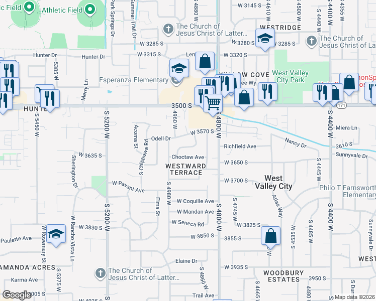 map of restaurants, bars, coffee shops, grocery stores, and more near 4923 Mohave Way in West Valley City