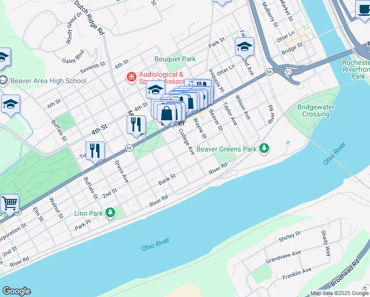 map of restaurants, bars, coffee shops, grocery stores, and more near 205 College Avenue in Beaver