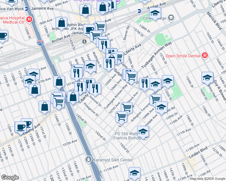map of restaurants, bars, coffee shops, grocery stores, and more near 106-2 Liverpool Street in Queens