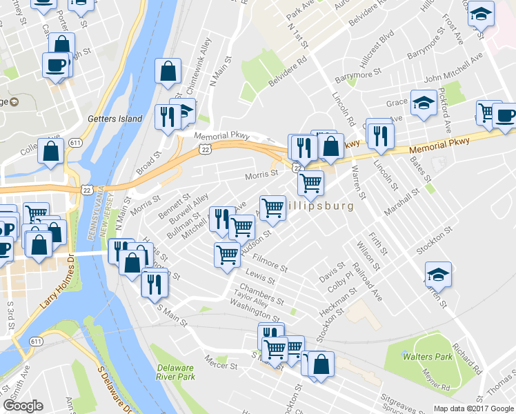 map of restaurants, bars, coffee shops, grocery stores, and more near 89 Glen Avenue in Phillipsburg
