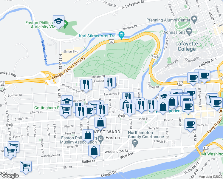 map of restaurants, bars, coffee shops, grocery stores, and more near 834 Bushkill Street in Easton