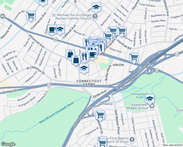 map of restaurants, bars, coffee shops, grocery stores, and more near 270 Beechwood Avenue in Union