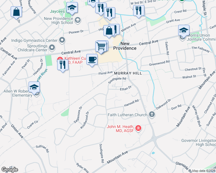 map of restaurants, bars, coffee shops, grocery stores, and more near 70 Southgate Road in New Providence