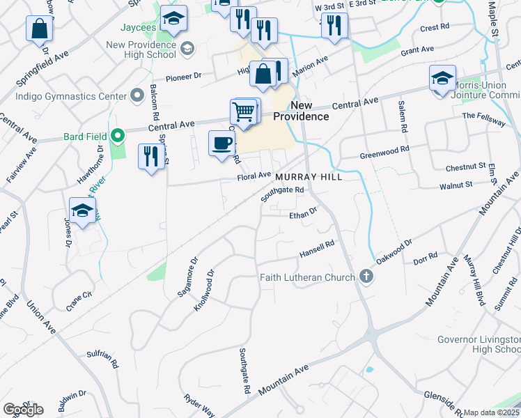 map of restaurants, bars, coffee shops, grocery stores, and more near 72 Southgate Road in New Providence