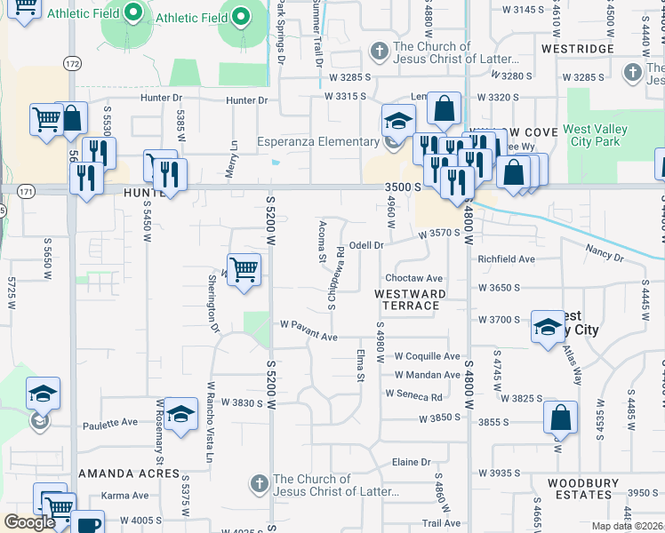 map of restaurants, bars, coffee shops, grocery stores, and more near 5080 Acoma Street in Salt Lake City