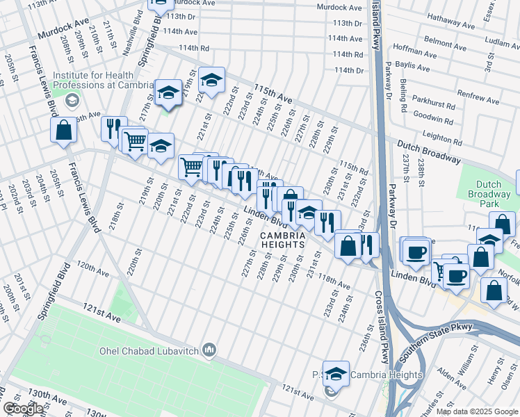 map of restaurants, bars, coffee shops, grocery stores, and more near 226-7 Linden Boulevard in Queens