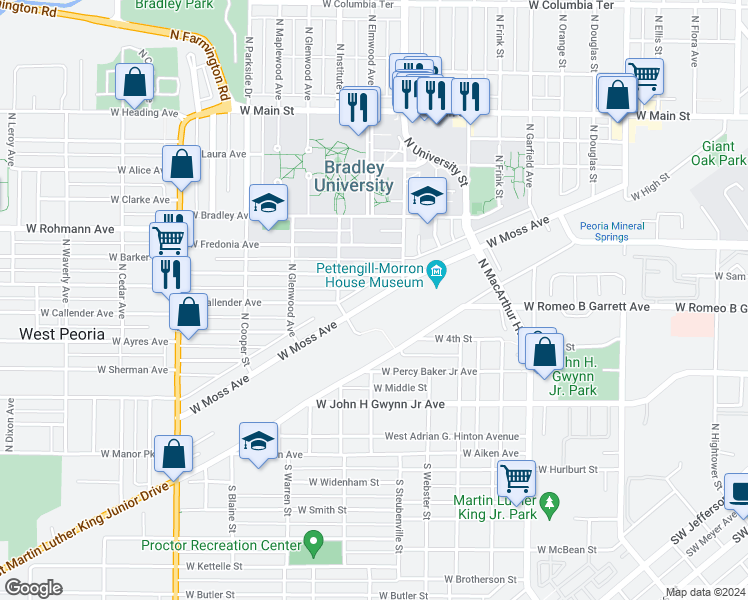 map of restaurants, bars, coffee shops, grocery stores, and more near 1404 West Moss Avenue in Peoria