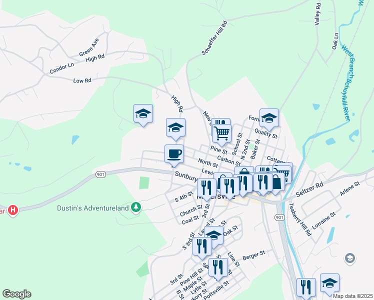 map of restaurants, bars, coffee shops, grocery stores, and more near 454 North Street in Minersville