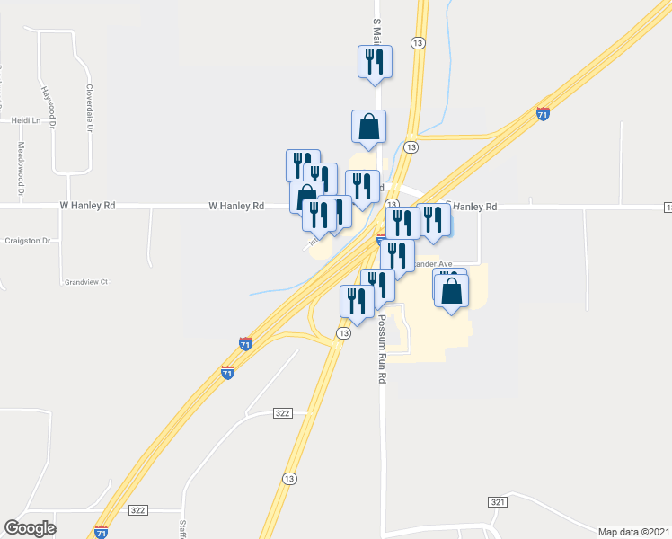 map of restaurants, bars, coffee shops, grocery stores, and more near Interstate 71 in Richland County