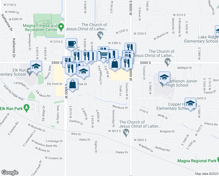 map of restaurants, bars, coffee shops, grocery stores, and more near 3619 South 8150 West in Magna