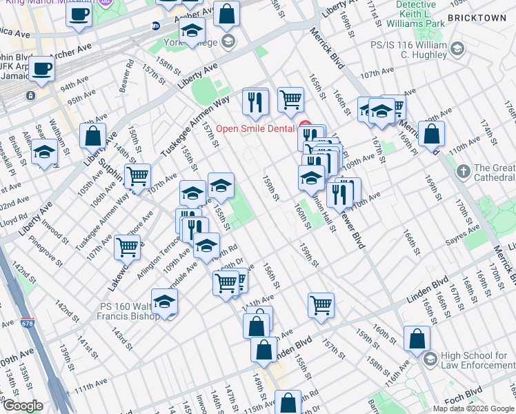 map of restaurants, bars, coffee shops, grocery stores, and more near 157-11 109th Avenue in Queens
