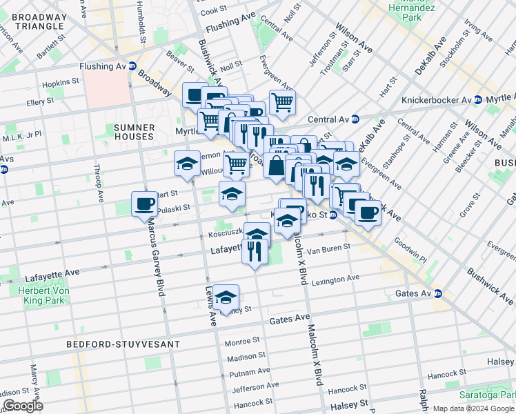map of restaurants, bars, coffee shops, grocery stores, and more near 1035A Dekalb Avenue in Brooklyn