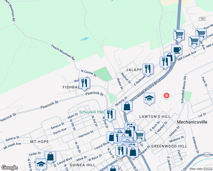 map of restaurants, bars, coffee shops, grocery stores, and more near 713 North Centre Street in Pottsville