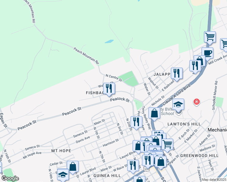 map of restaurants, bars, coffee shops, grocery stores, and more near 210 West Railroad Street in Pottsville