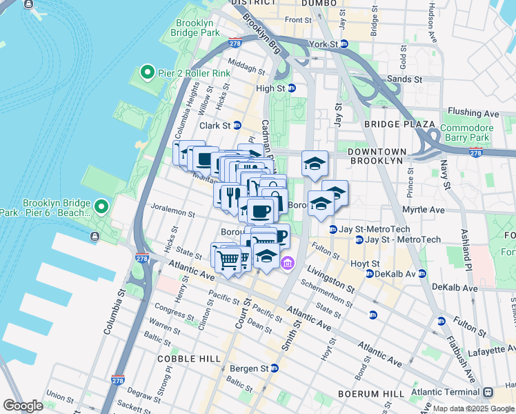 map of restaurants, bars, coffee shops, grocery stores, and more near 157 Remsen Street in Brooklyn