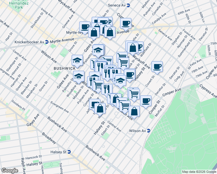 map of restaurants, bars, coffee shops, grocery stores, and more near 1350 Jefferson Avenue in Brooklyn
