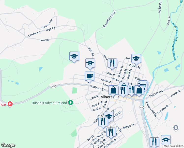 map of restaurants, bars, coffee shops, grocery stores, and more near 207 North 5th Street in Minersville