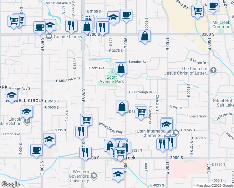map of restaurants, bars, coffee shops, grocery stores, and more near 861 East 3580 South in Millcreek