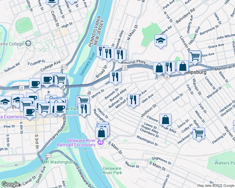 map of restaurants, bars, coffee shops, grocery stores, and more near 24 Filmore Street in Phillipsburg
