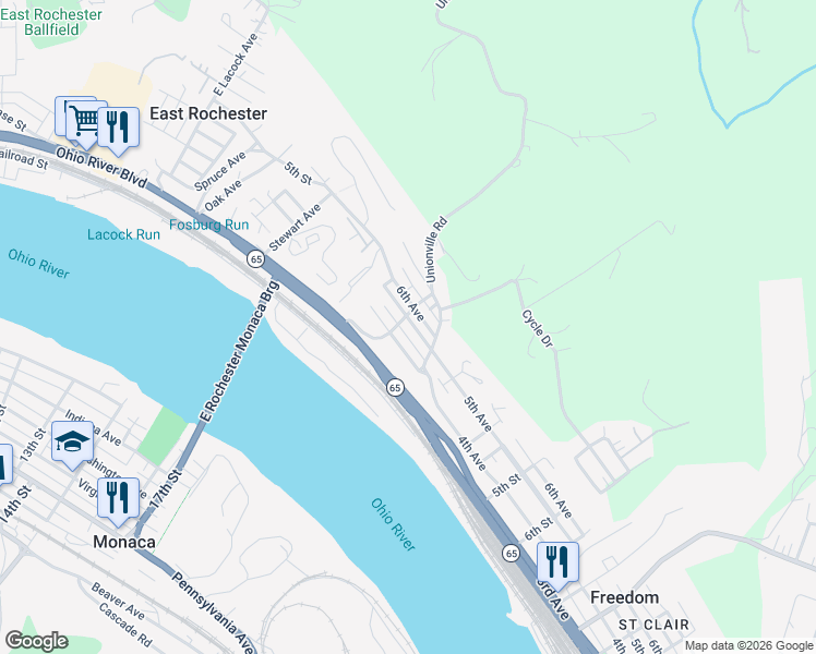 map of restaurants, bars, coffee shops, grocery stores, and more near 105 4th Avenue in Freedom