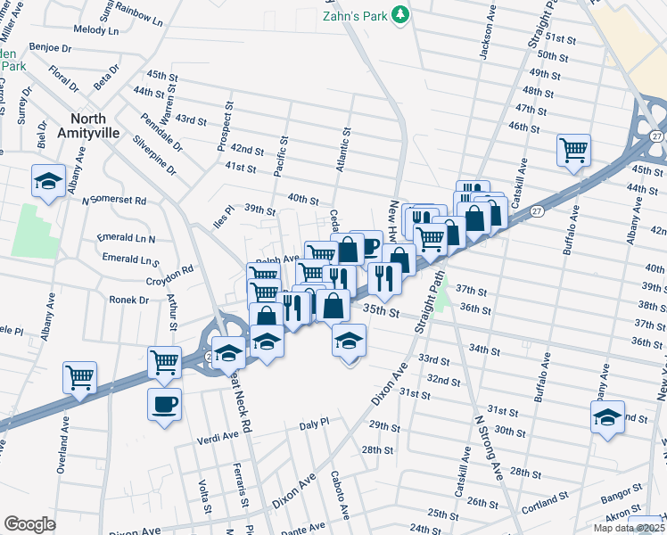map of restaurants, bars, coffee shops, grocery stores, and more near 90 Hudson Street in Copiague