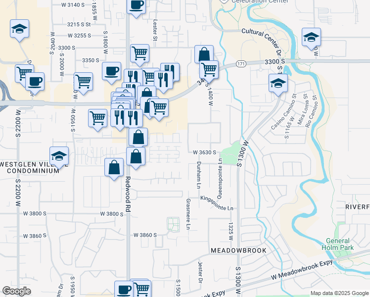 map of restaurants, bars, coffee shops, grocery stores, and more near 3624 South Lionheart Way in West Valley City