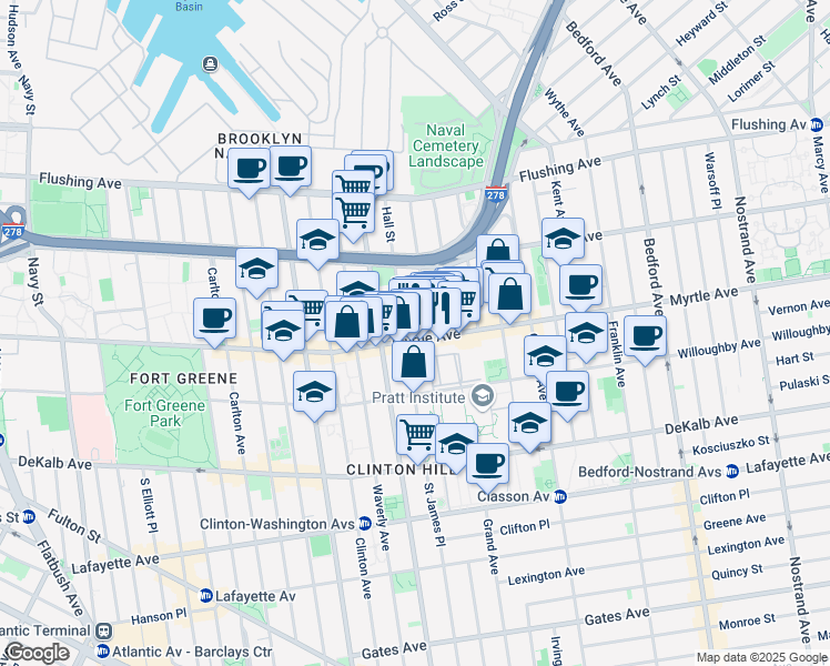 map of restaurants, bars, coffee shops, grocery stores, and more near 502 Myrtle Avenue in Brooklyn