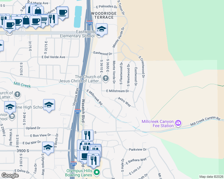 map of restaurants, bars, coffee shops, grocery stores, and more near 3660 East Millstream Drive in Salt Lake City