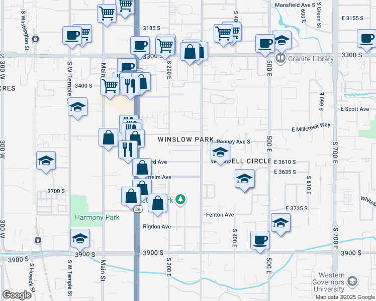 map of restaurants, bars, coffee shops, grocery stores, and more near 275 Baird Avenue in South Salt Lake