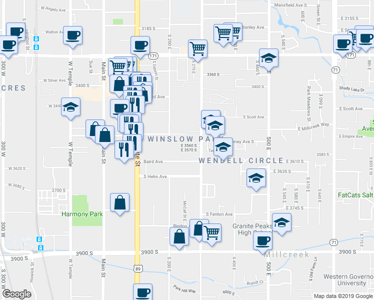 map of restaurants, bars, coffee shops, grocery stores, and more near 275 Baird Avenue in South Salt Lake
