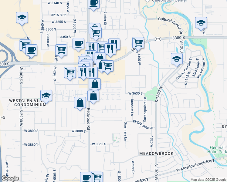 map of restaurants, bars, coffee shops, grocery stores, and more near 1577 Kinloch Way in West Valley City