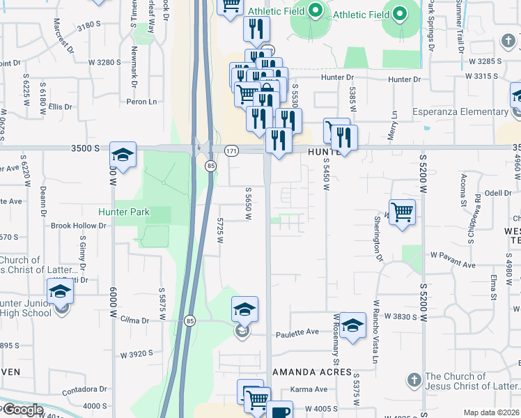 map of restaurants, bars, coffee shops, grocery stores, and more near 3624 South 5650 West in West Valley City