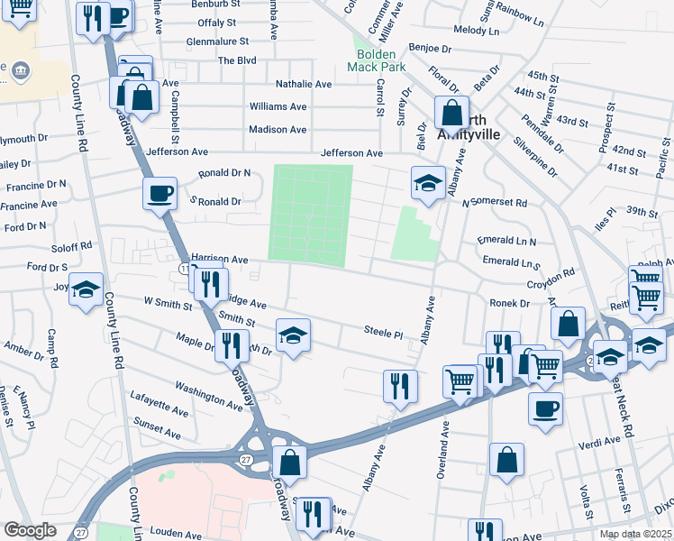 map of restaurants, bars, coffee shops, grocery stores, and more near 8 Dixon Avenue in Amityville
