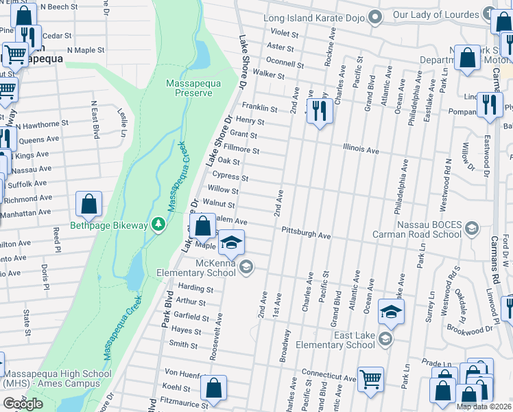 map of restaurants, bars, coffee shops, grocery stores, and more near 246 Walnut Street in Massapequa Park