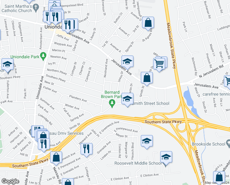 map of restaurants, bars, coffee shops, grocery stores, and more near 769 Barry Place in Uniondale