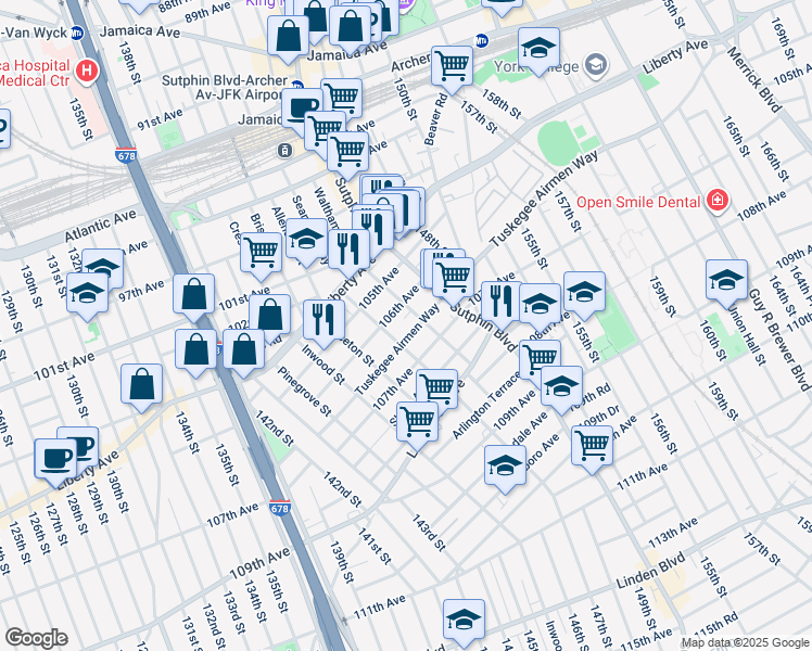 map of restaurants, bars, coffee shops, grocery stores, and more near 146-22 Tuskegee Airmen Way in Queens