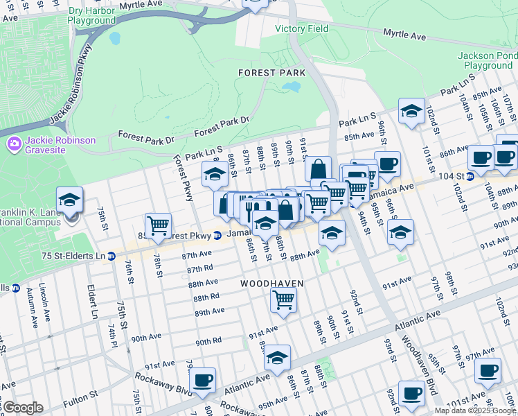 map of restaurants, bars, coffee shops, grocery stores, and more near 85-74 88th Street in Queens