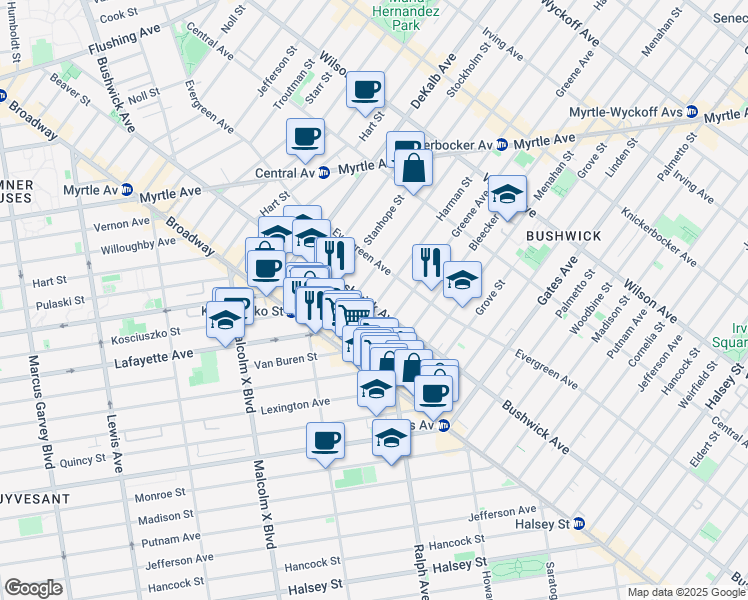 map of restaurants, bars, coffee shops, grocery stores, and more near 1099 Greene Avenue in Brooklyn