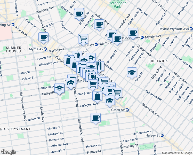 map of restaurants, bars, coffee shops, grocery stores, and more near 21 Kossuth Place in Brooklyn