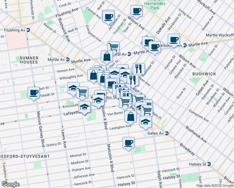 map of restaurants, bars, coffee shops, grocery stores, and more near in Brooklyn
