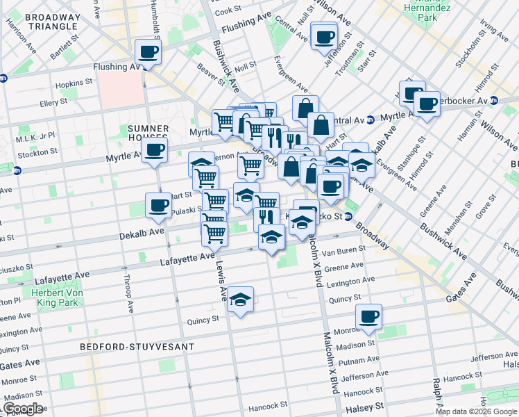 map of restaurants, bars, coffee shops, grocery stores, and more near 1035A Dekalb Avenue in Brooklyn