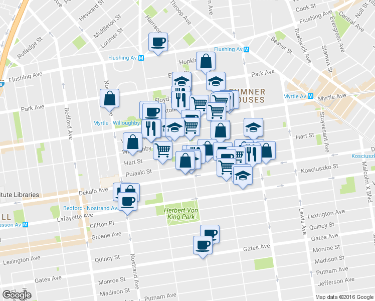 map of restaurants, bars, coffee shops, grocery stores, and more near 148 Hart Street in Brooklyn