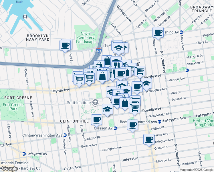 map of restaurants, bars, coffee shops, grocery stores, and more near 176 Taaffe Place in Brooklyn