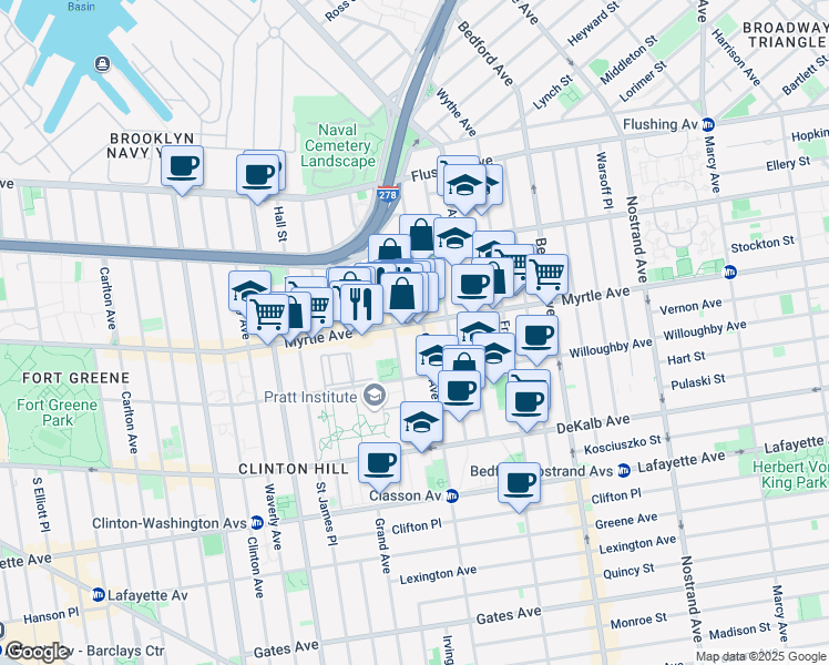 map of restaurants, bars, coffee shops, grocery stores, and more near 112 Emerson Place in Brooklyn